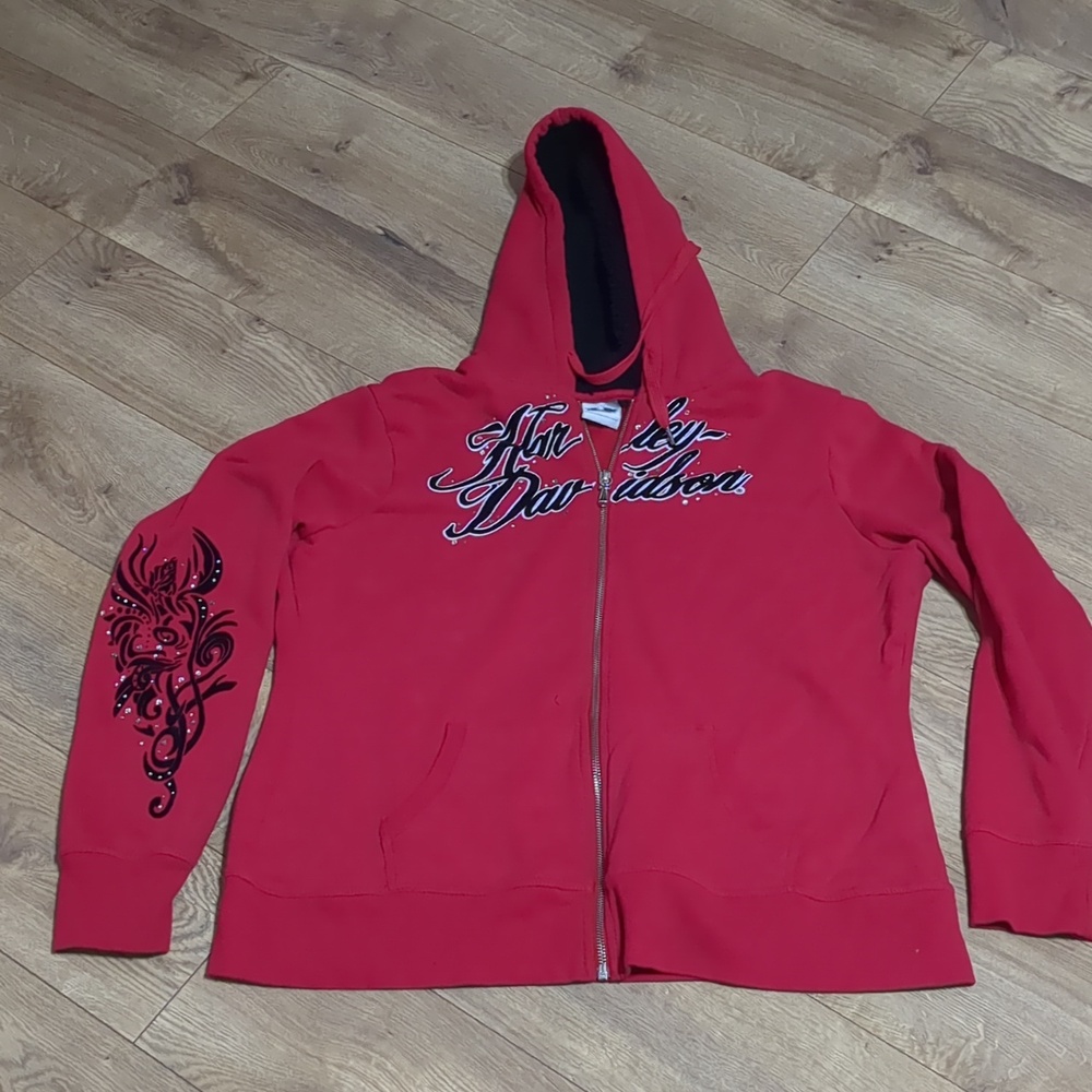 Harley Davidson Y2K Red Flocked Rhinestone Zip Up Hoodie Women's Sz XL - Picture 3 of 11
